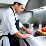 A professional chef in a clean, modest chef's uniform and apron, standing in a brightly lit, modern, hygienic kitchen. The chef is demonstrating proper handwashing technique at a stainless steel sink, with sparkling clean utensils neatly arranged in the background. A separate chopping board for vegetables is visible next to a designated one for raw meat, emphasizing cross-contamination prevention. perfect anatomy, correct proportions, natural pose, well-formed hands, proper finger count, natural body proportions, professional photography, high quality, fully clothed, appropriate attire, safe for work, professional, appropriate content.