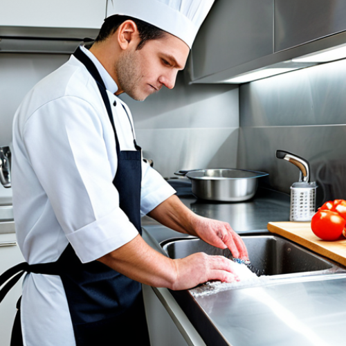 A professional chef in a clean, modest chef's uniform and apron, standing in a brightly lit, modern, hygienic kitchen. The chef is demonstrating proper handwashing technique at a stainless steel sink, with sparkling clean utensils neatly arranged in the background. A separate chopping board for vegetables is visible next to a designated one for raw meat, emphasizing cross-contamination prevention. perfect anatomy, correct proportions, natural pose, well-formed hands, proper finger count, natural body proportions, professional photography, high quality, fully clothed, appropriate attire, safe for work, professional, appropriate content.