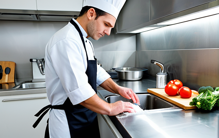 A professional chef in a clean, modest chef's uniform and apron, standing in a brightly lit, modern, hygienic kitchen. The chef is demonstrating proper handwashing technique at a stainless steel sink, with sparkling clean utensils neatly arranged in the background. A separate chopping board for vegetables is visible next to a designated one for raw meat, emphasizing cross-contamination prevention. perfect anatomy, correct proportions, natural pose, well-formed hands, proper finger count, natural body proportions, professional photography, high quality, fully clothed, appropriate attire, safe for work, professional, appropriate content.