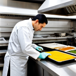 **

A professional food safety inspector in a clean, modern restaurant kitchen, fully clothed in appropriate attire, examining food preparation procedures. Background includes stainless steel counters and cooking equipment. Safe for work, appropriate content, professional, modest, perfect anatomy, correct proportions, natural pose, well-formed hands, proper finger count, natural body proportions.

**