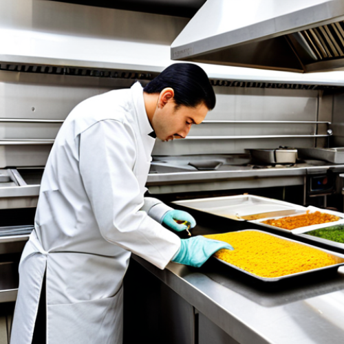 **

A professional food safety inspector in a clean, modern restaurant kitchen, fully clothed in appropriate attire, examining food preparation procedures. Background includes stainless steel counters and cooking equipment. Safe for work, appropriate content, professional, modest, perfect anatomy, correct proportions, natural pose, well-formed hands, proper finger count, natural body proportions.

**