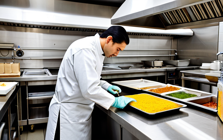 **

A professional food safety inspector in a clean, modern restaurant kitchen, fully clothed in appropriate attire, examining food preparation procedures. Background includes stainless steel counters and cooking equipment. Safe for work, appropriate content, professional, modest, perfect anatomy, correct proportions, natural pose, well-formed hands, proper finger count, natural body proportions.

**