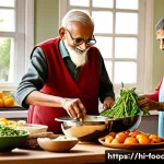 Home 21 노인 영양 관리 - A warm, inviting kitchen scene showing an elderly Indian couple preparing a nutritious meal together...