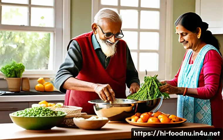 노인 영양 관리 - A warm, inviting kitchen scene showing an elderly Indian couple preparing a nutritious meal together...