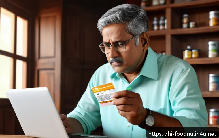 건강기능식품 허위 광고 판별법 - A detailed and realistic digital illustration of a concerned middle-aged Indian man carefully readin...