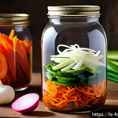 Home 17 김치 유산균 연구 - A vibrant, close-up image of a traditional Korean kimchi jar filled with colorful fermented vegetabl...
