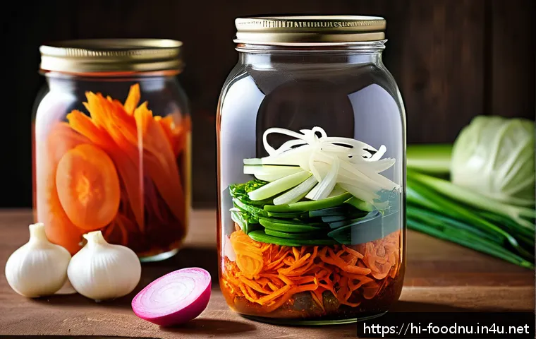 김치 유산균 연구 - A vibrant, close-up image of a traditional Korean kimchi jar filled with colorful fermented vegetabl...