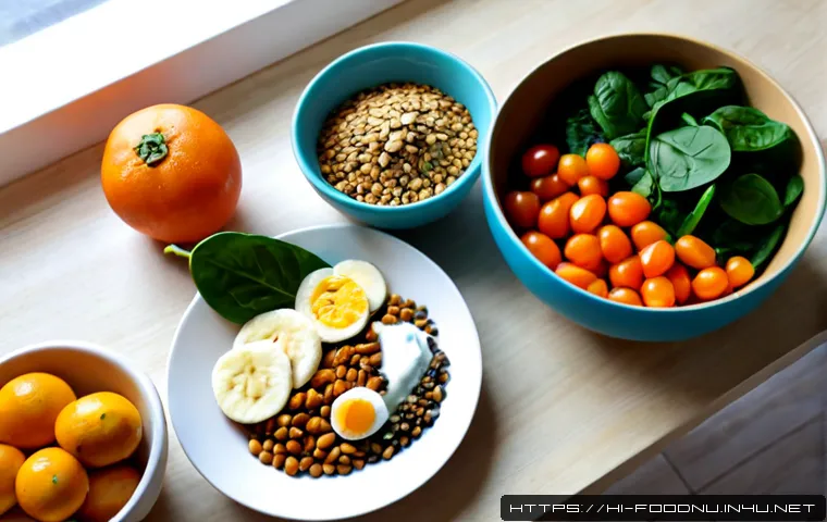 Home 17 비타민과 무기질 - Photorealistic top-down still life of vitamin- and mineral-rich foods arranged neatly on a light woo...